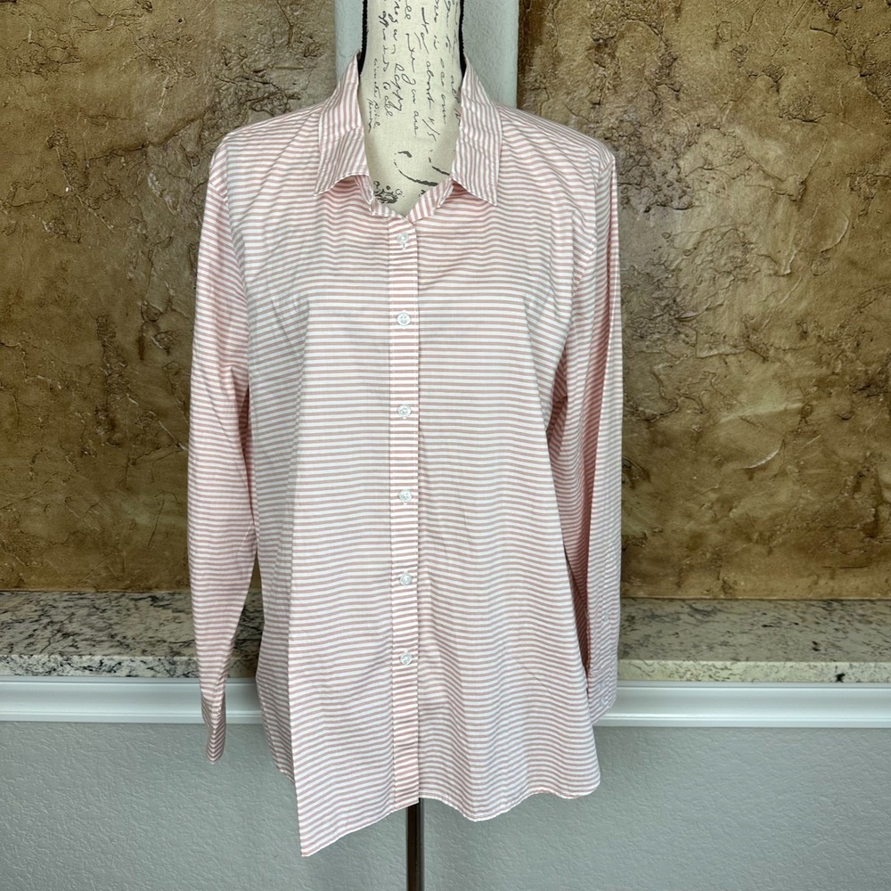 Garnet Hill Essential Organic Cotton Shirt Womens 18 Button Front Striped‎ Pink